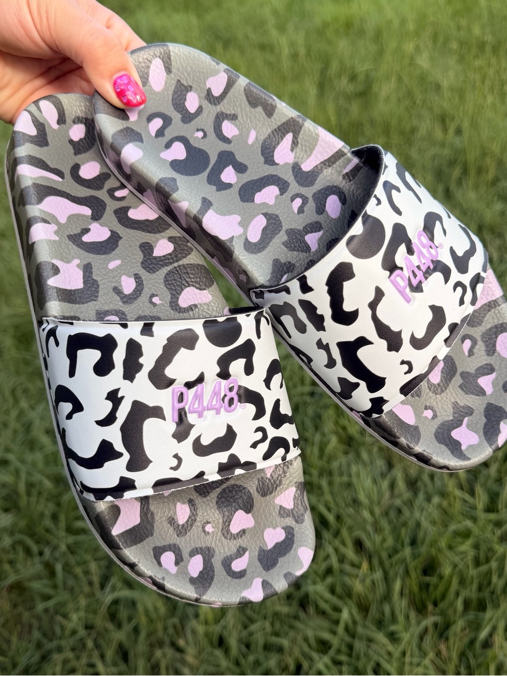 P448 White, Black & Purple Leopard Slide Sandals